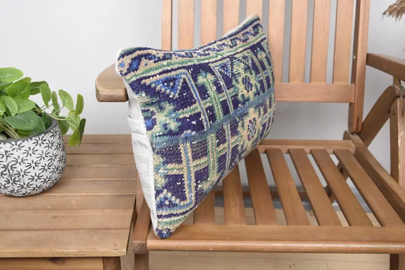 Oriental Cushion Case, Ethnical Kilim Rug Pillow, Cushion Cover, 12x20 Blue Pillow Sham, Throw Kilim Pillow, Turkish Pillow - 2