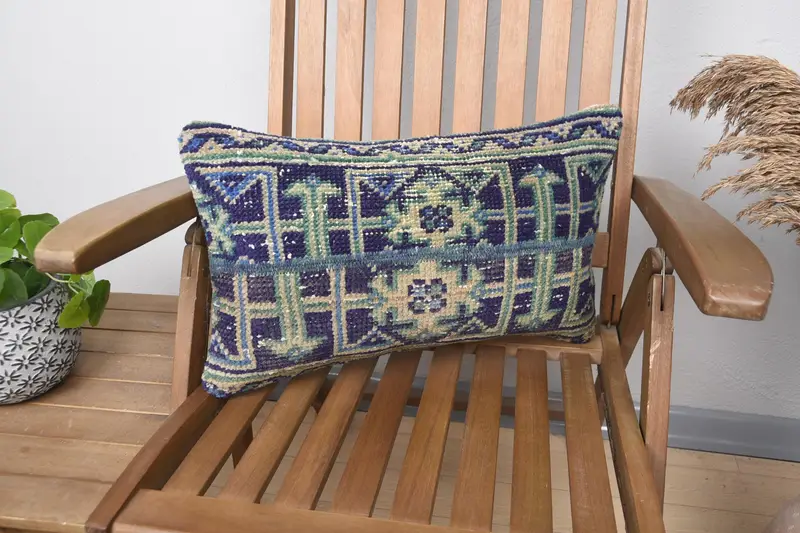 Oriental Cushion Case, Ethnical Kilim Rug Pillow, Cushion Cover, 12x20 Blue Pillow Sham, Throw Kilim Pillow, Turkish Pillow - 1