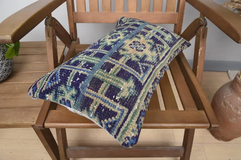 Oriental Cushion Case, Ethnical Kilim Rug Pillow, Cushion Cover, 12x20 Blue Pillow Sham, Throw Kilim Pillow, Turkish Pillow - 4