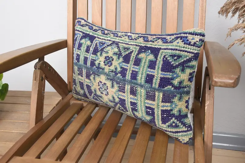 Oriental Cushion Case, Ethnical Kilim Rug Pillow, Cushion Cover, 12x20 Blue Pillow Sham, Throw Kilim Pillow, Turkish Pillow - 3