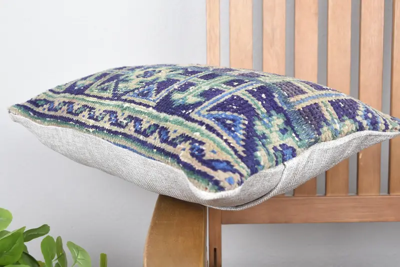 Oriental Cushion Case, Ethnical Kilim Rug Pillow, Cushion Cover, 12x20 Blue Pillow Sham, Throw Kilim Pillow, Turkish Pillow - 6