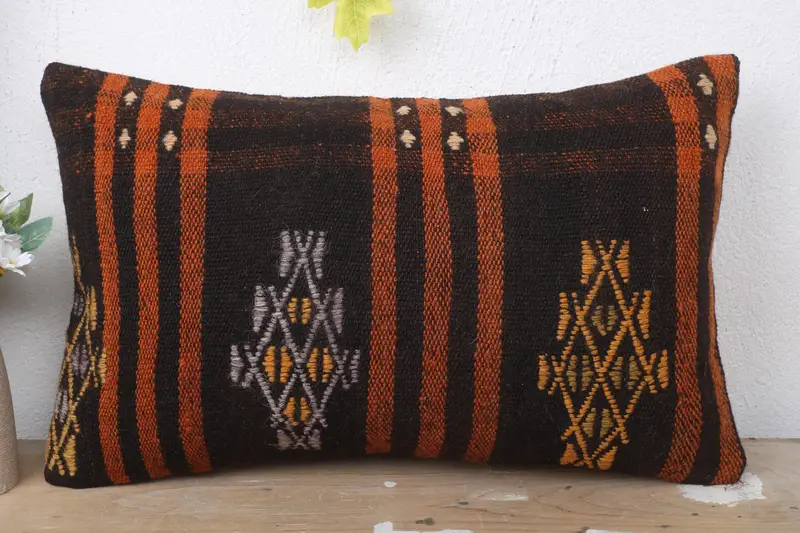 Turkish Pillow, Handwoven Pillow Sham, 12x20 Brown Cushion Cover, Toss Pillow Case, Kilim Cushion Sham, Pillow Case, Pillow for Couch - 2