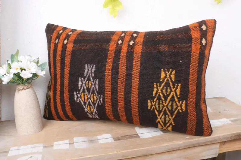 Turkish Pillow, Handwoven Pillow Sham, 12x20 Brown Cushion Cover, Toss Pillow Case, Kilim Cushion Sham, Pillow Case, Pillow for Couch - 4