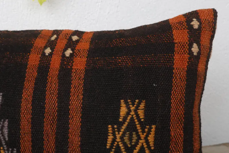 Turkish Pillow, Handwoven Pillow Sham, 12x20 Brown Cushion Cover, Toss Pillow Case, Kilim Cushion Sham, Pillow Case, Pillow for Couch - 5