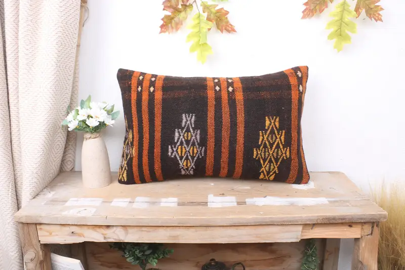 Turkish Pillow, Handwoven Pillow Sham, 12x20 Brown Cushion Cover, Toss Pillow Case, Kilim Cushion Sham, Pillow Case, Pillow for Couch - 1