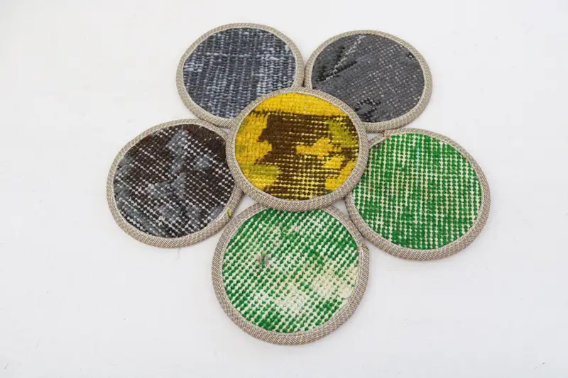 Bohemian Green & Yellow Round Coaster, Unique Kilim Coaster