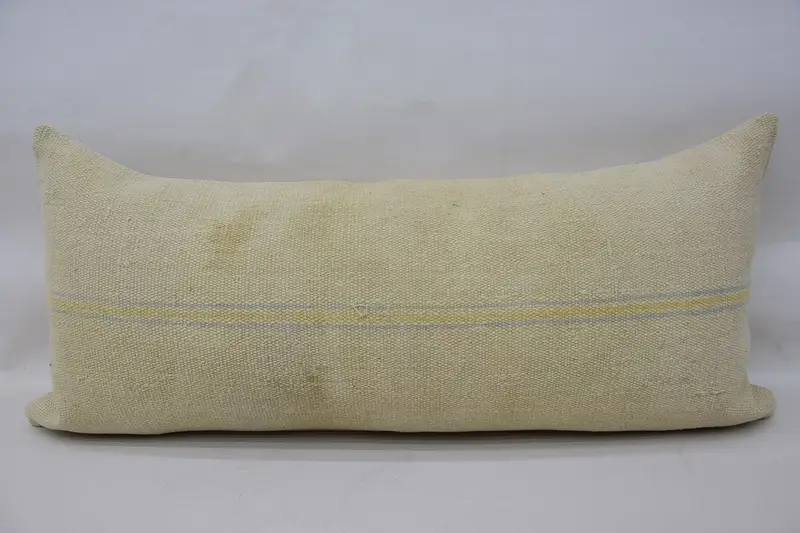 Turkish Striped Rectangle Cushion, Antique 16x36 inch Beige Valentine Gift Wool Pillow Case - 1