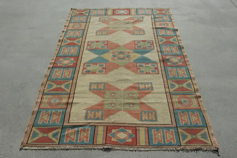 4.1x6.6 ft Turkish Vintage Rug, Area Rug, Red Blue Ombré Wool Rug - 1