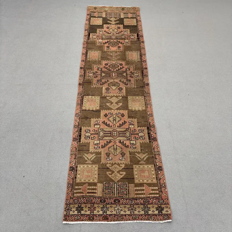 2.6x10.4 ft Turkish Vintage Rug, Runner Rug, Brown Red Oriental Wool Rug - 1
