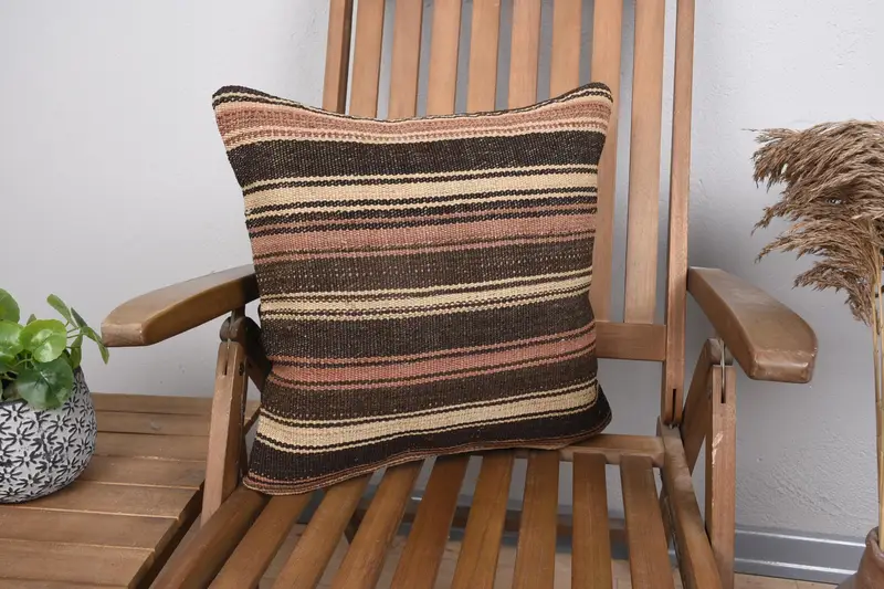 Square Striped Vintage Cushion, Antique 18x18 inch FloorBeige Wool Cushion Cover - 1
