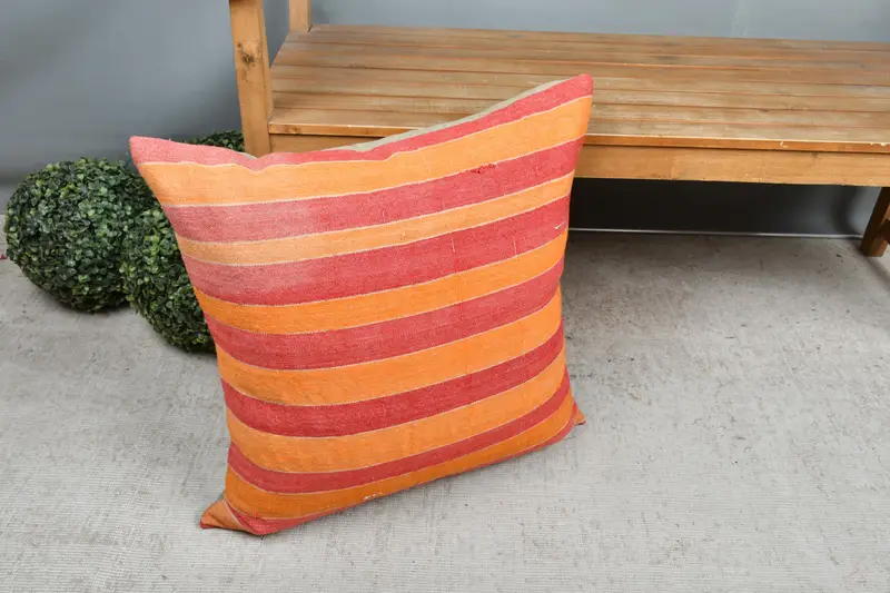Red & Orange Striped Throw Pillow, 24x24 Inches, Embroidered Cotton Cushion - 7