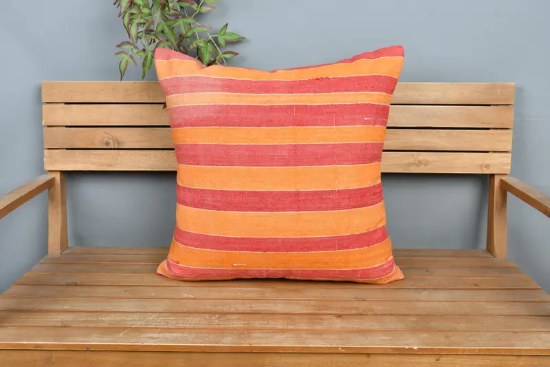 Red & Orange Striped Throw Pillow, 24x24 Inches, Embroidered Cotton Cushion - 6
