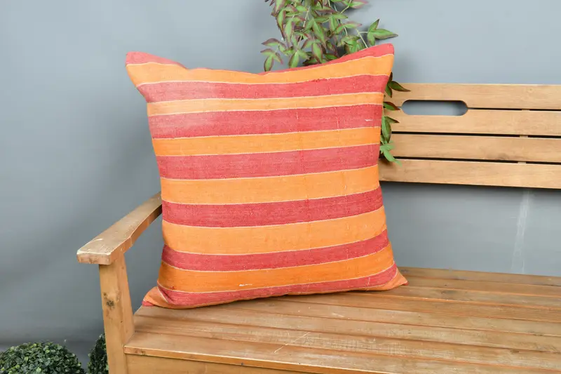 Red & Orange Striped Throw Pillow, 24x24 Inches, Embroidered Cotton Cushion - 1