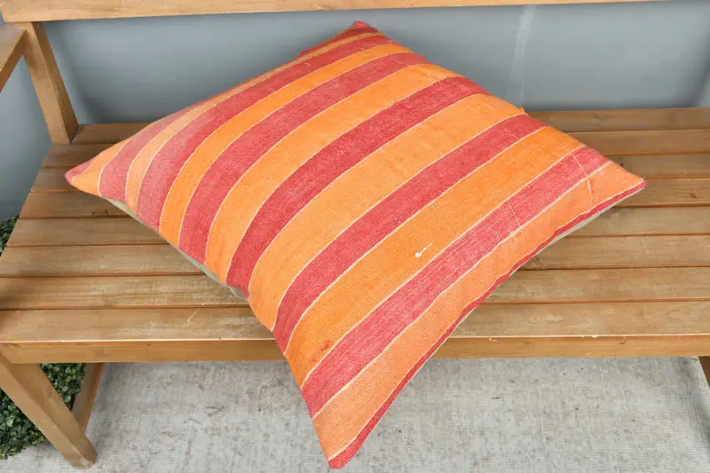 Red & Orange Striped Throw Pillow, 24x24 Inches, Embroidered Cotton Cushion - 2