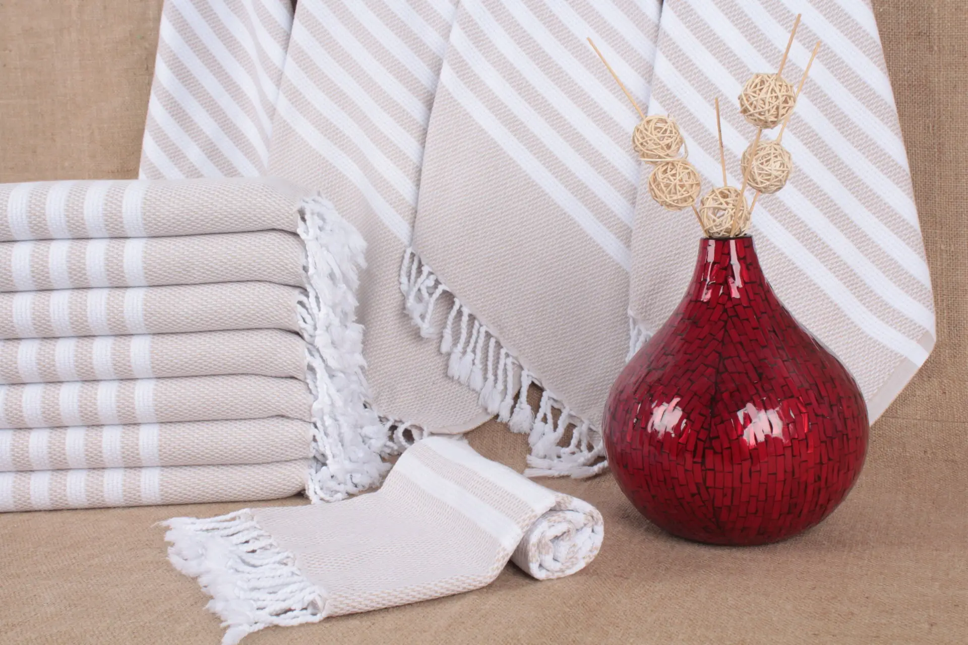 Striped Napkin Turkish Cotton Beige Hand Towel, 24x44 Inches - 1