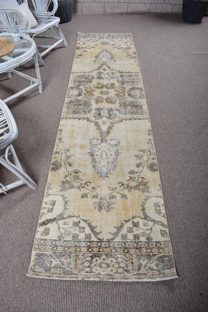 Türk 2.4x10 ft Halı, Oushak Vintage Halı, Kahverengi Güneybatı Yün Halı - 1