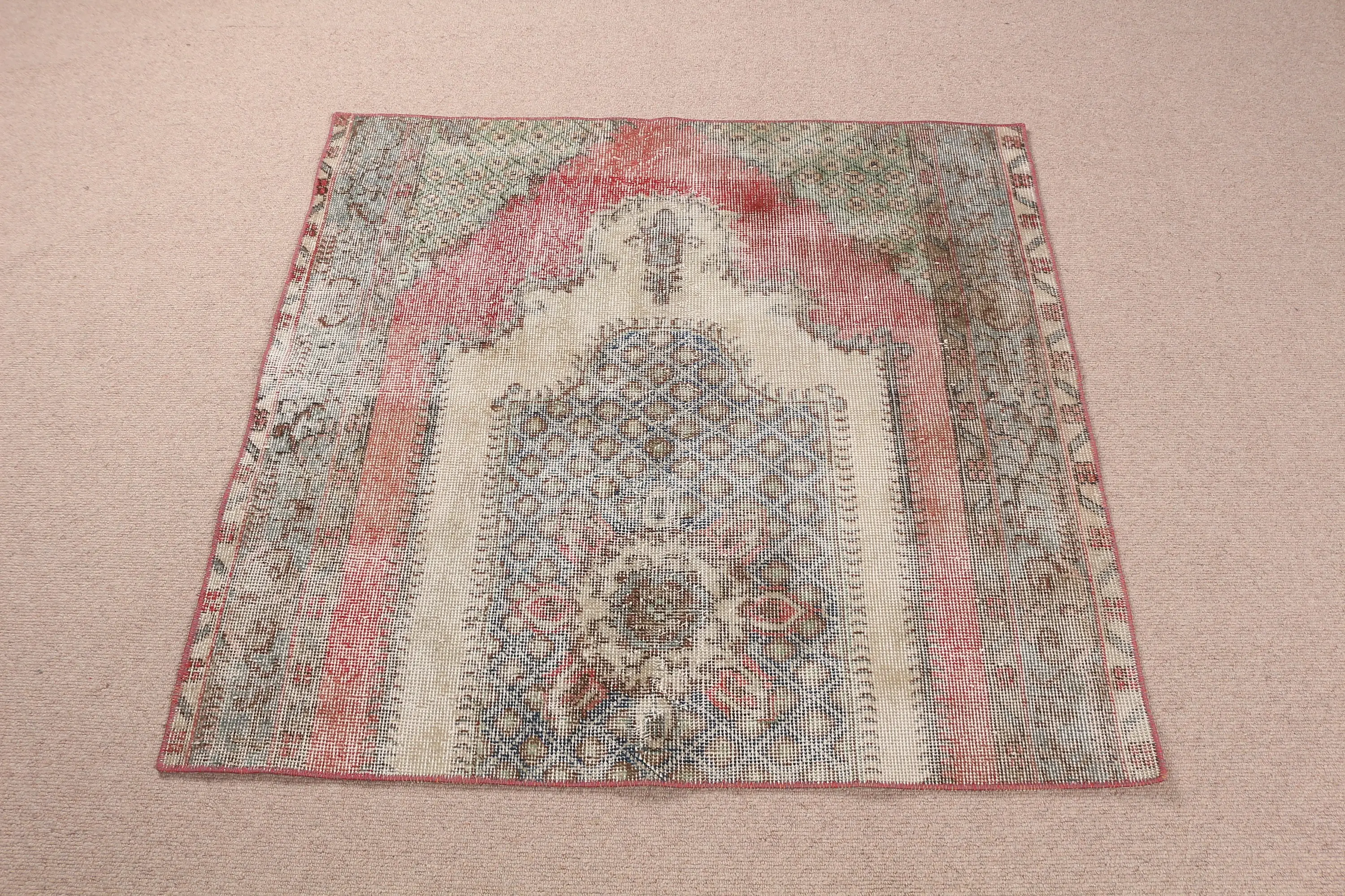 Vintage Teppich, kleiner 3,5x3,7 ft türkischer Teppich, roter floraler Wollteppich - 1