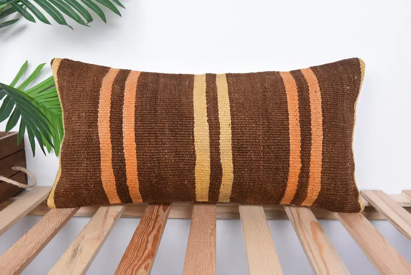 Home Decor Pillow, Pillow for Sofa, Vintage Kilim Throw Pillow, 12x24 Brown Pillow, Decorative Bolster Pillow Sham, Pillow - 1
