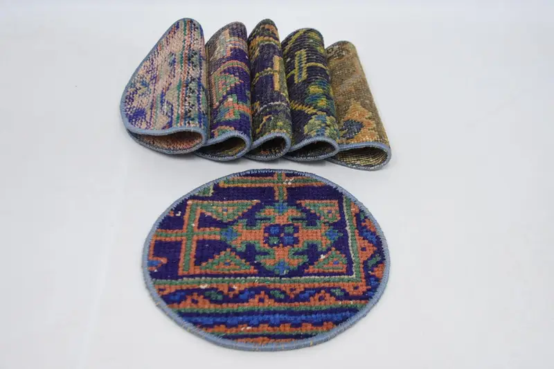 Mantel individual bohemio circular en azul y naranja, estilo militar de algodón y lana