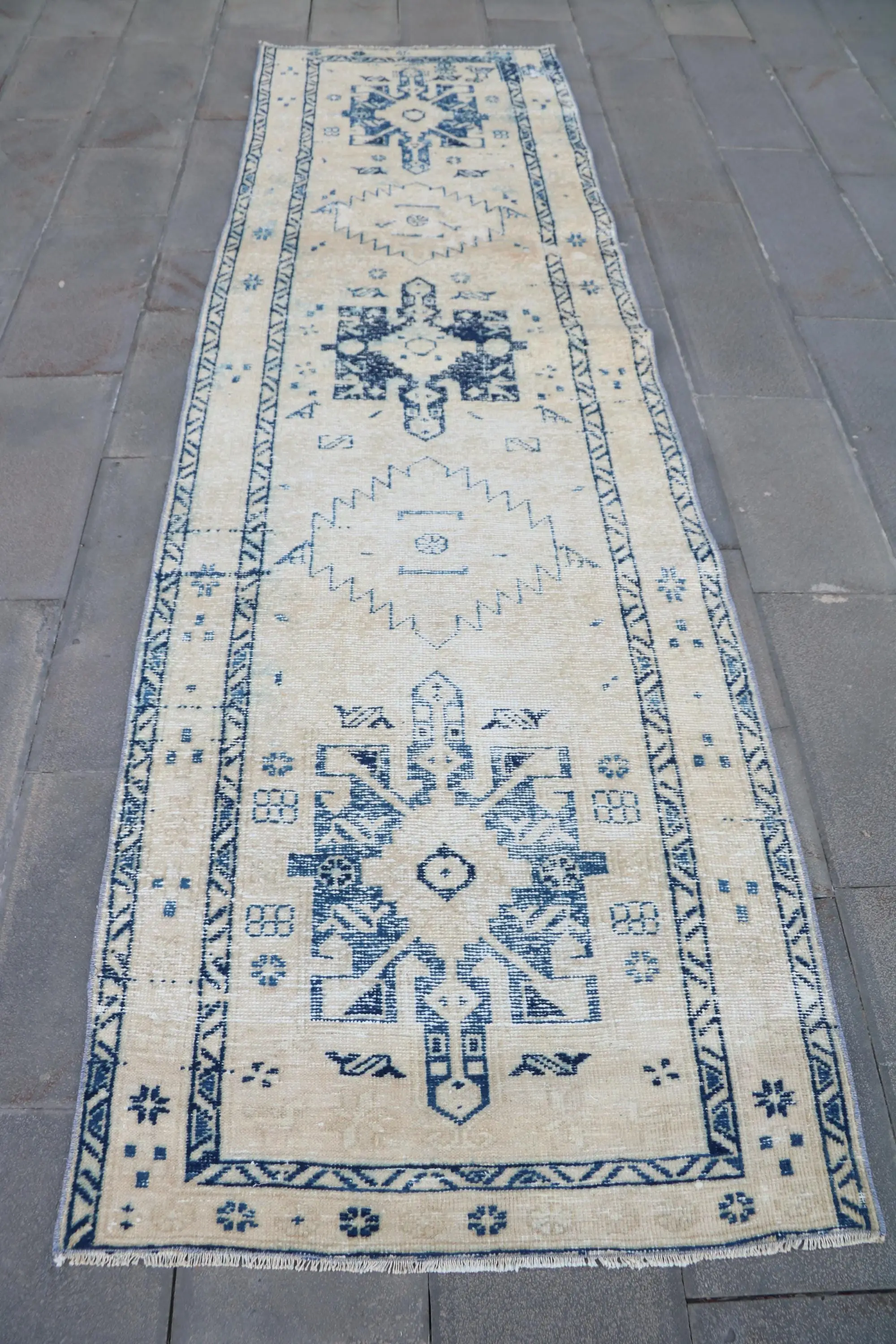 Vintage Rug, 3.3x11.2 ft Runner Turkish Rug, Blue White Plants & trees Rug - 1
