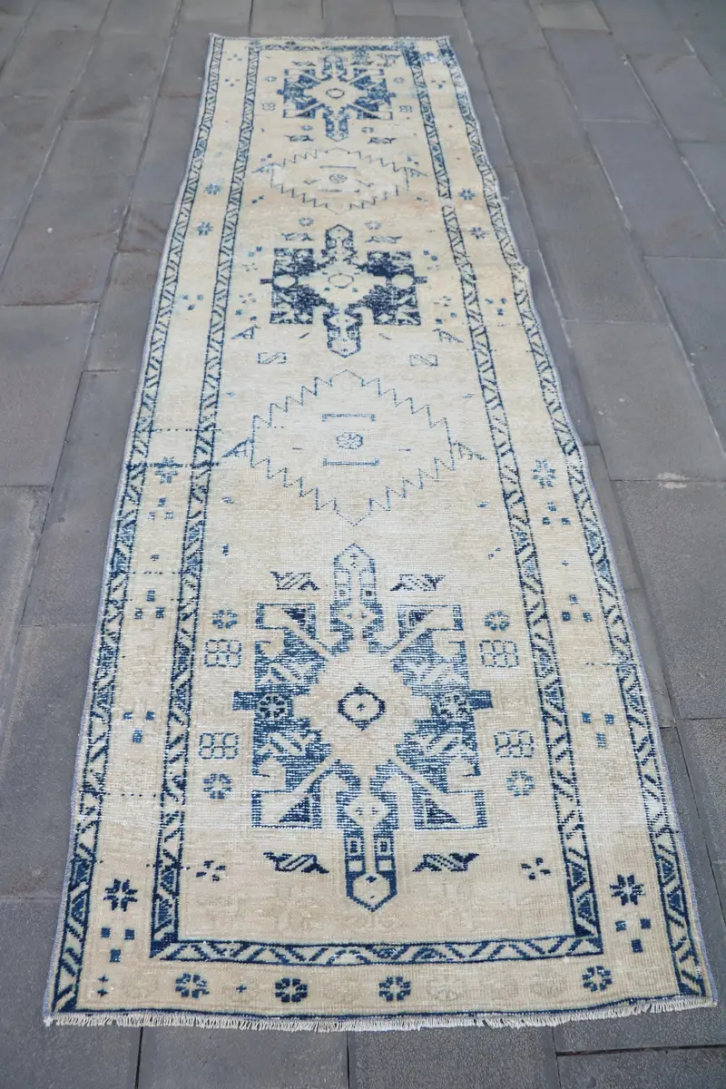 エレガントなベージュ & ブルー ラグ、3.3x11.2 フィート、自然をイメージした装飾