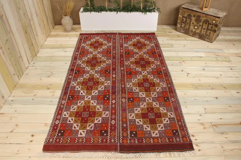 Handmade Orange Rug, 0.4x8.7 ft Rainbow Stripes & Shapes