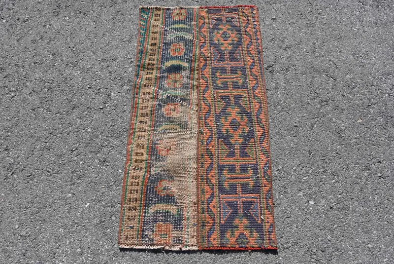 Türk Vintage Küçük Halı 1.6x3.2 ft, Mavi Kırmızı İkat Yün Halı - 1