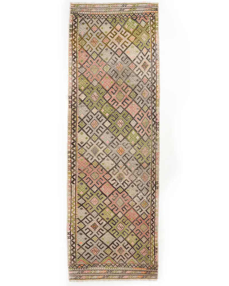 Zarif Bej Halı, Yeşil Desenli 3,6x11,2 ft