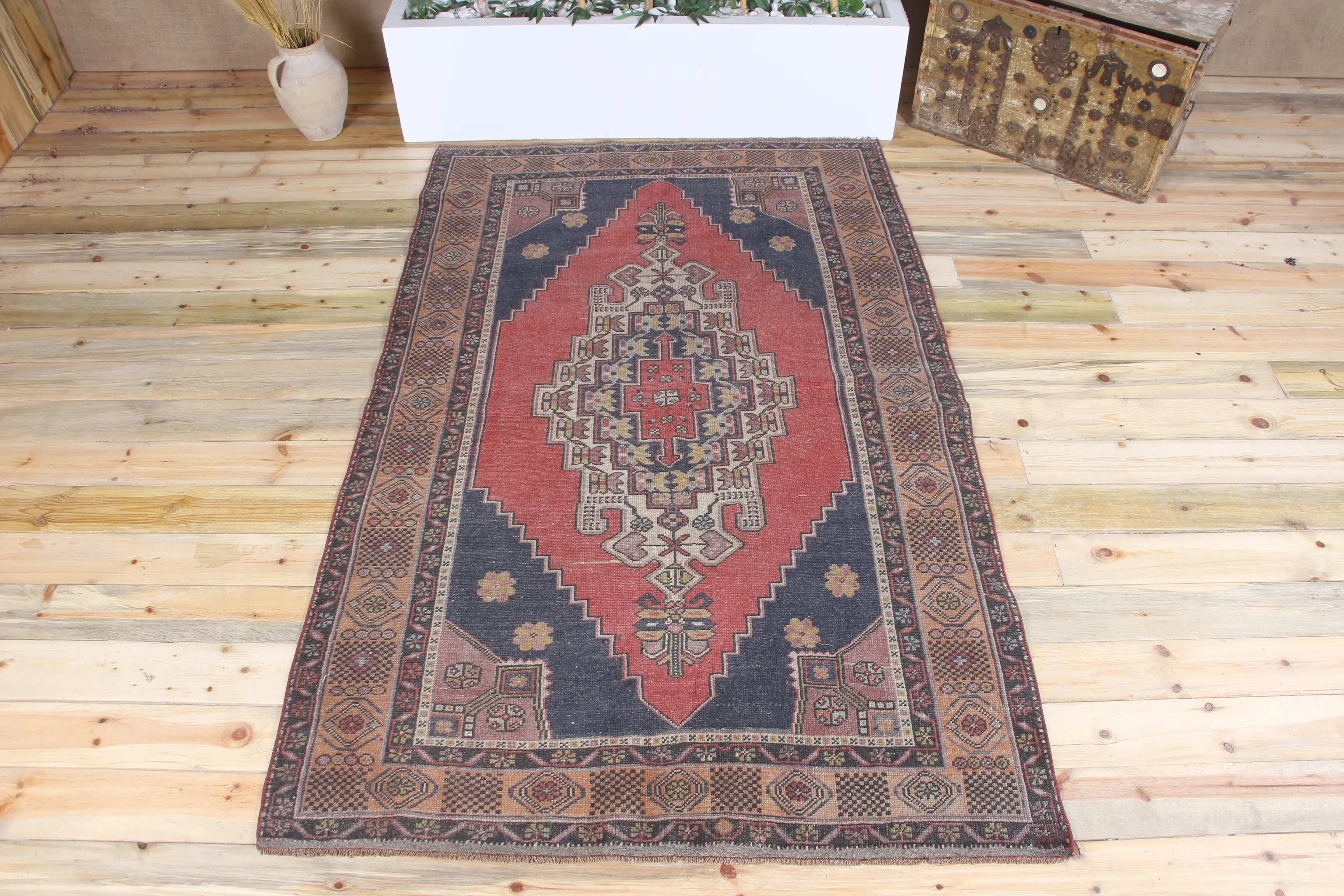 Turkish 4.8x7.7 ft Rug, Oushak Vintage Rug, Red Geometric Rug - 1