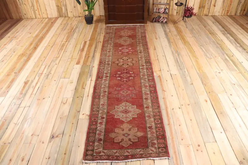 Vintage Rug, Runner 2.9x10.8 ft Turkish Rug, Red Moroccan Wool Rug - 1