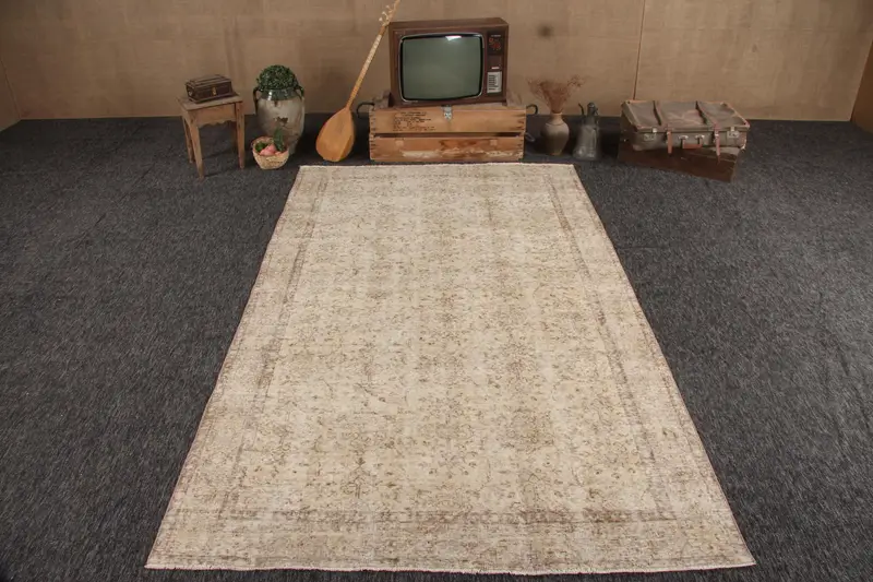 5.7x9.6 ft Vintage Halı, Türk Büyük Halı, Kahverengi Gri Kareli Halı - 1