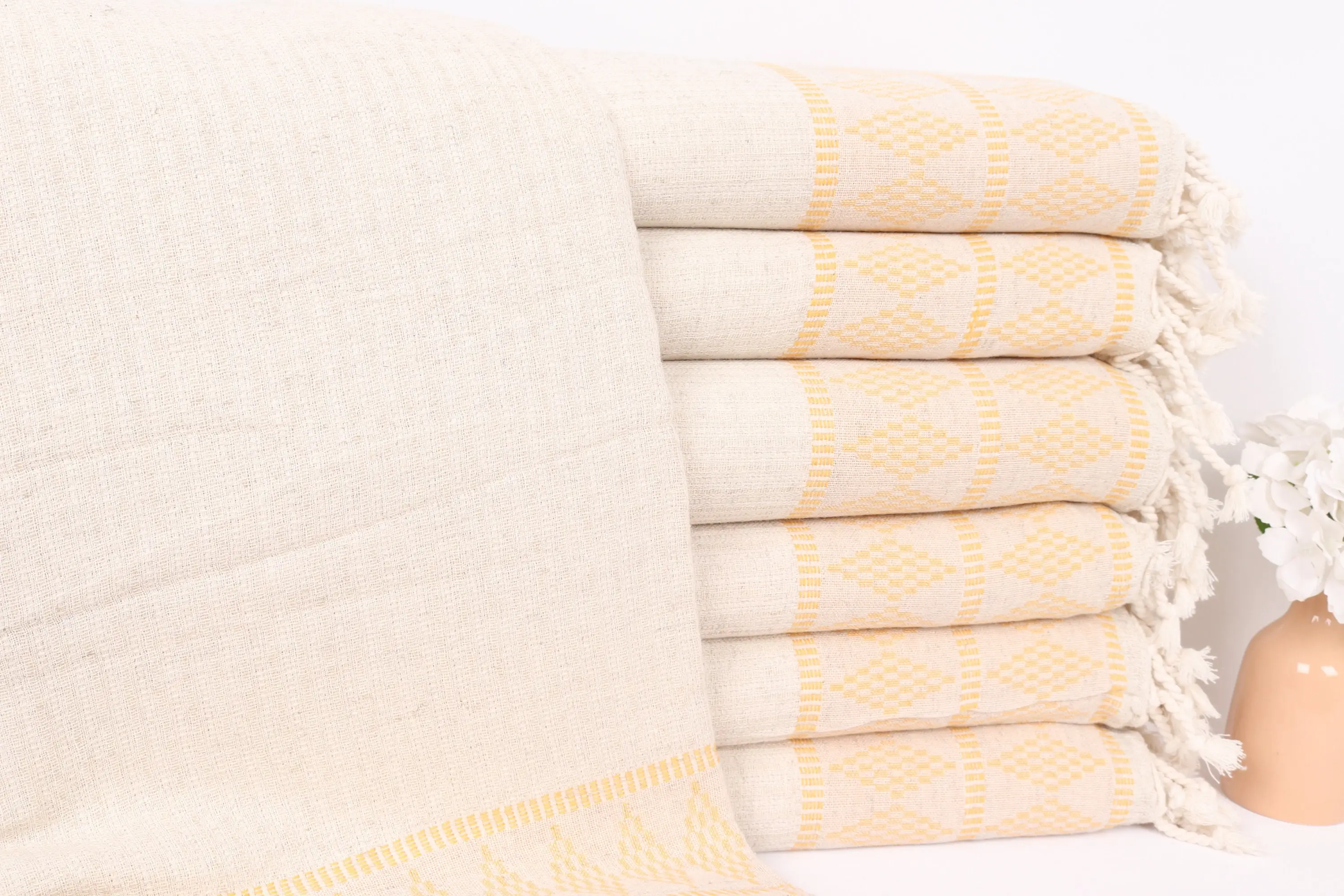 Mustard Linen Blanket Handmade Gift, Custom Kilim Design Throw, 87x99 Inches - 1