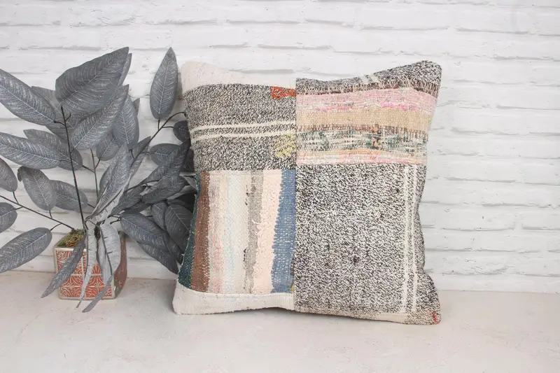 Throw Kilim Pillow, Tribal Cushion, Cushion, Cotton Cushion Cover, 20x20 Beige Cushion Cover, Pillow for Sofa, Handmade Cushion Cover, Kilim Pillow - 1