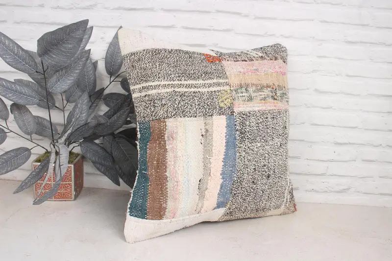 Throw Kilim Pillow, Tribal Cushion, Cushion, Cotton Cushion Cover, 20x20 Beige Cushion Cover, Pillow for Sofa, Handmade Cushion Cover, Kilim Pillow - 3