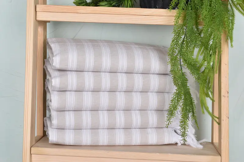 Beige Cotton Striped Turkish Bath Towel, 40x71 Inches