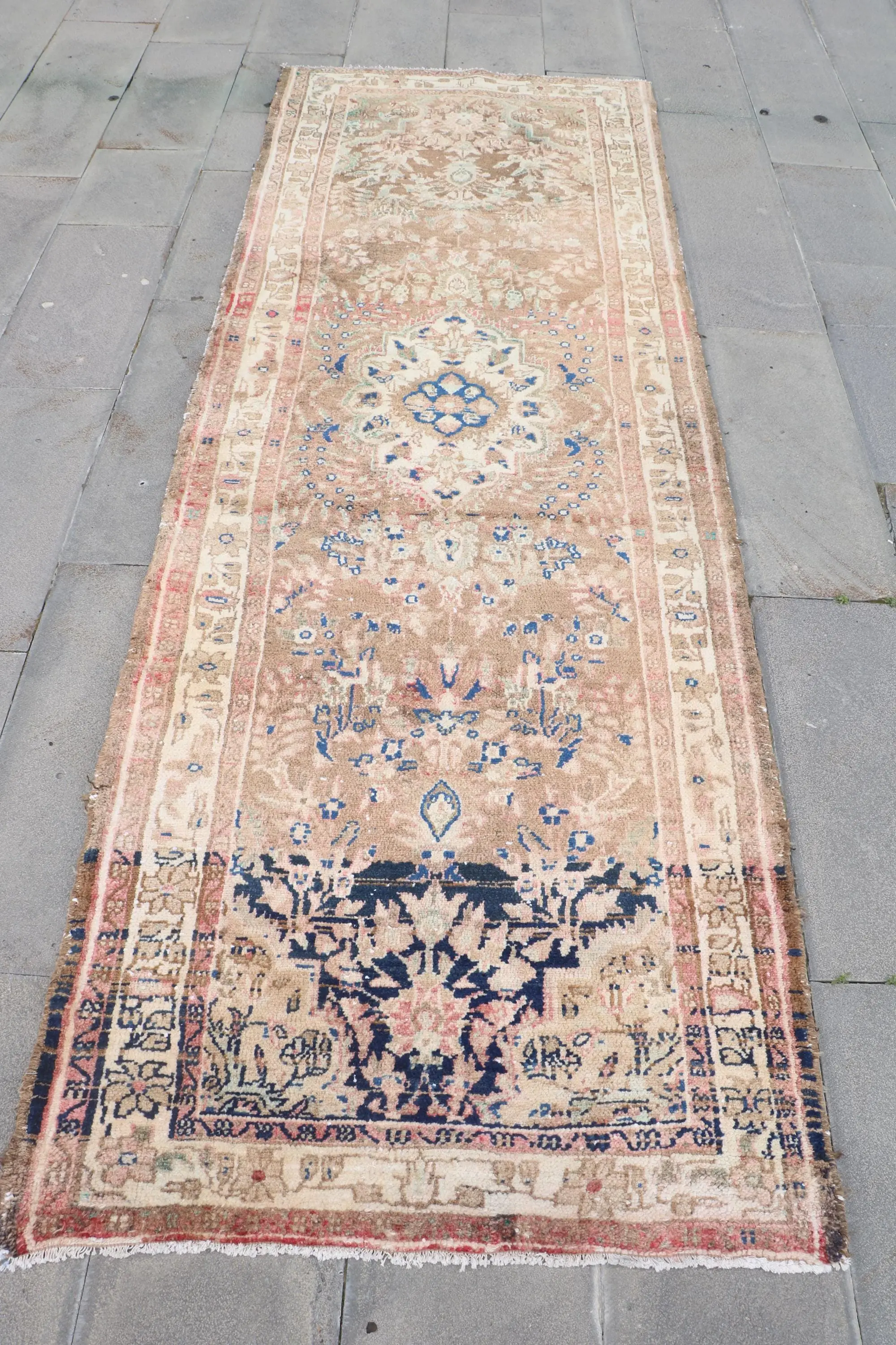 Vintage Turkish Rug, 3.3x10 ft Runner Rug, Blue Brown Striped Wool Rug - 1