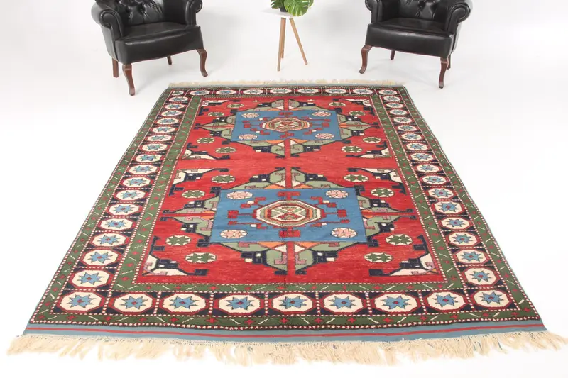 Türk 6.3x8.4 ft Halı, Büyük Vintage Halı, Kırmızı Mavi Oryantal Halı - 1