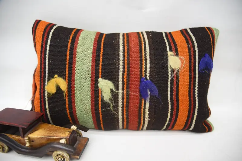 Vintage Antique Cushion, Brown 12x20 inch Wool Euro Sham - 1