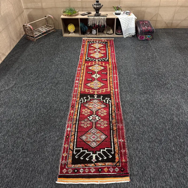 Türkischer Vintage Teppich, 2,8x12,8 ft Herki Teppich, Roter Läufer Patchwork Teppich - 1