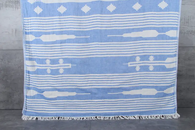 Organic Beach Towel, Personalized Turkish Cotton, Blue Stripes, 36x69 Inches