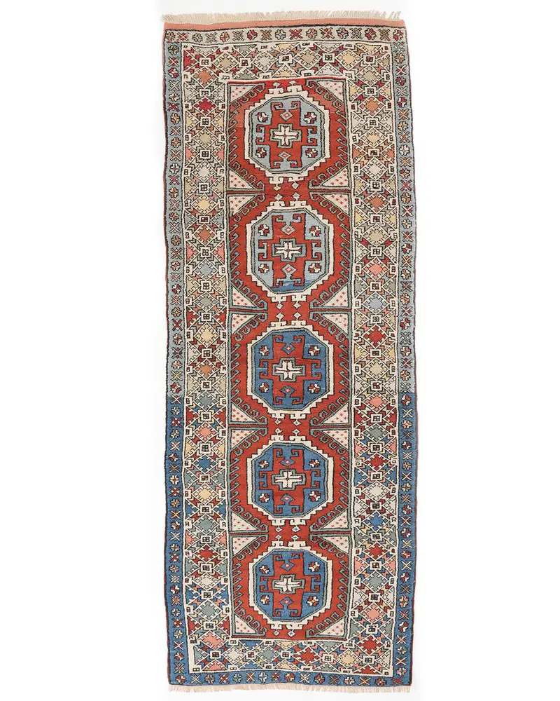 レッド & ブルー ラグ、3.5x9.7 フィート エレガント フローリング