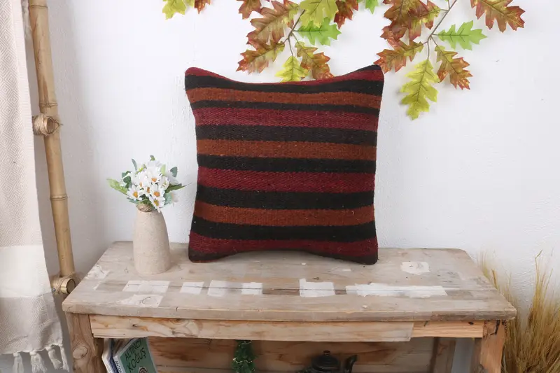 Pillow Case, Handmade Throw Pillow, Antique Pillows, Vintage Pillow, Boho Pillow Sham Cover, Muted Pillow, 16x16 Red Pillow Sham - 1