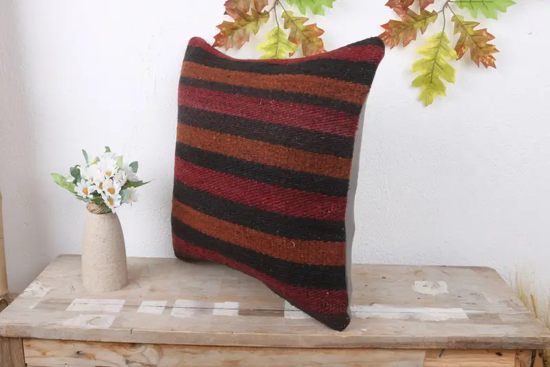 Pillow Case, Handmade Throw Pillow, Antique Pillows, Vintage Pillow, Boho Pillow Sham Cover, Muted Pillow, 16x16 Red Pillow Sham - 4