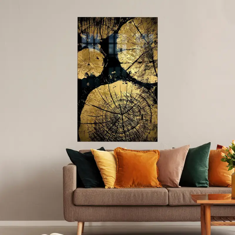 Zarif Baskılı Cam: Altın ve Siyah Ahşap Çatlak Tasarımı