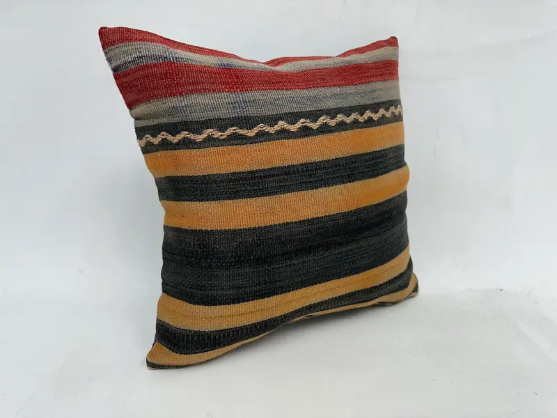Beige & Gray Embroidered Striped Pillow, 20x20 Inches Decorative Cushion - 3