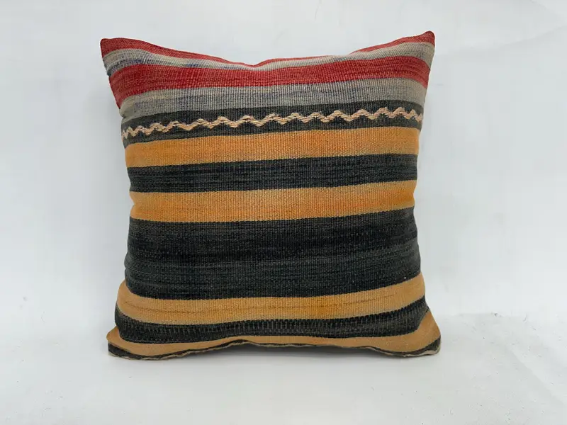 Beige & Gray Embroidered Striped Pillow, 20x20 Inches Decorative Cushion - 1
