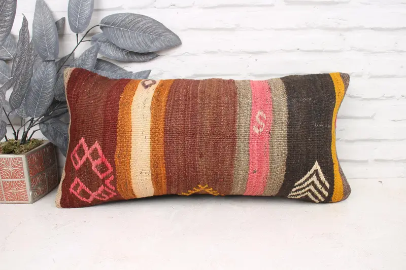 Interior Designer Pillow, Pillow Cover, Oriental Cushion Case, Decorative Pillow, 12x24 Pink Cushion, Gift Pillow, Turkish Kilim Pillow - 1