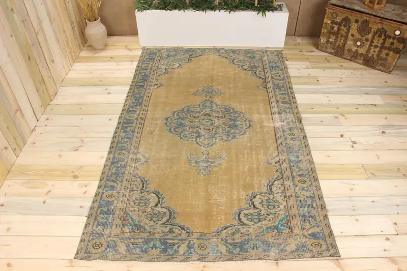 Handmade Blue & Bronze Rug, 4x7.9 ft Geometric Floral