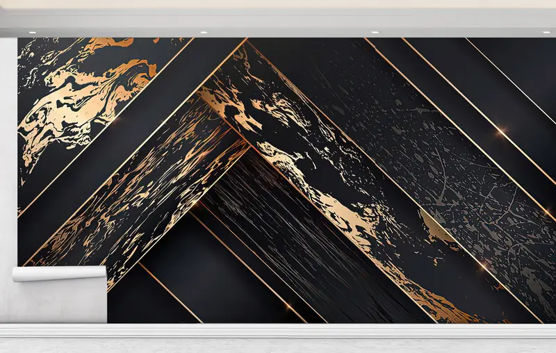 Zarif Siyah & Altın Modern Soyut Baskılı Duvar Kağıdı