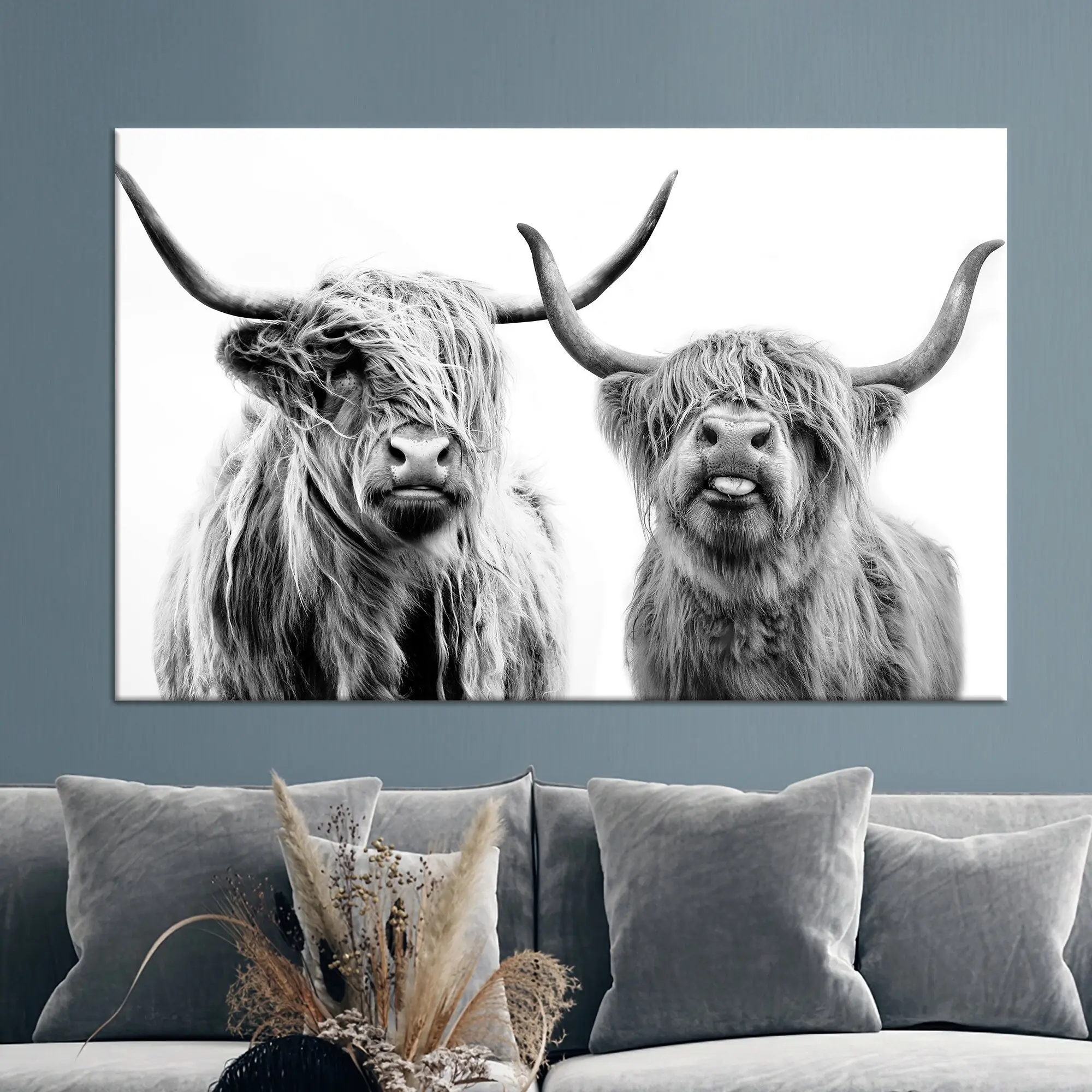 Modern Scottish Highland Cow Canvas Print - Farmhouse Decor - 1